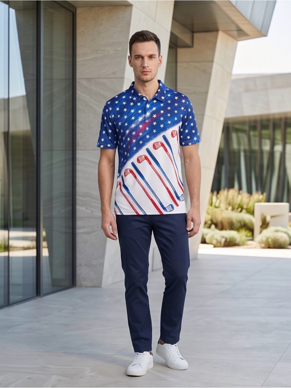 Patriotic Golf Polo Shirt Mens XL NWOT American Flag Stars Golf Clubs 4th July